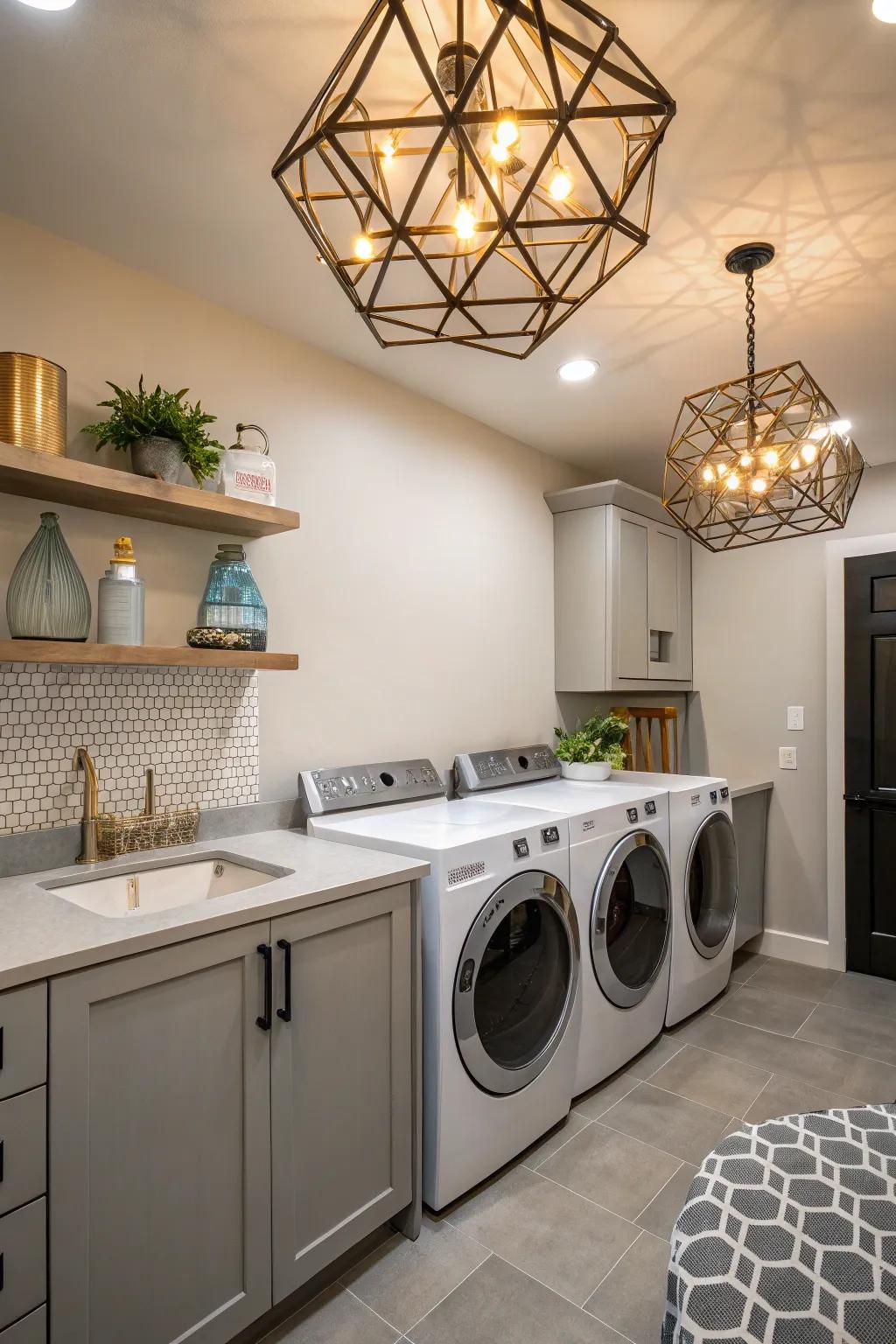 Geometric fixtures introduce artistic flair to your laundry room.