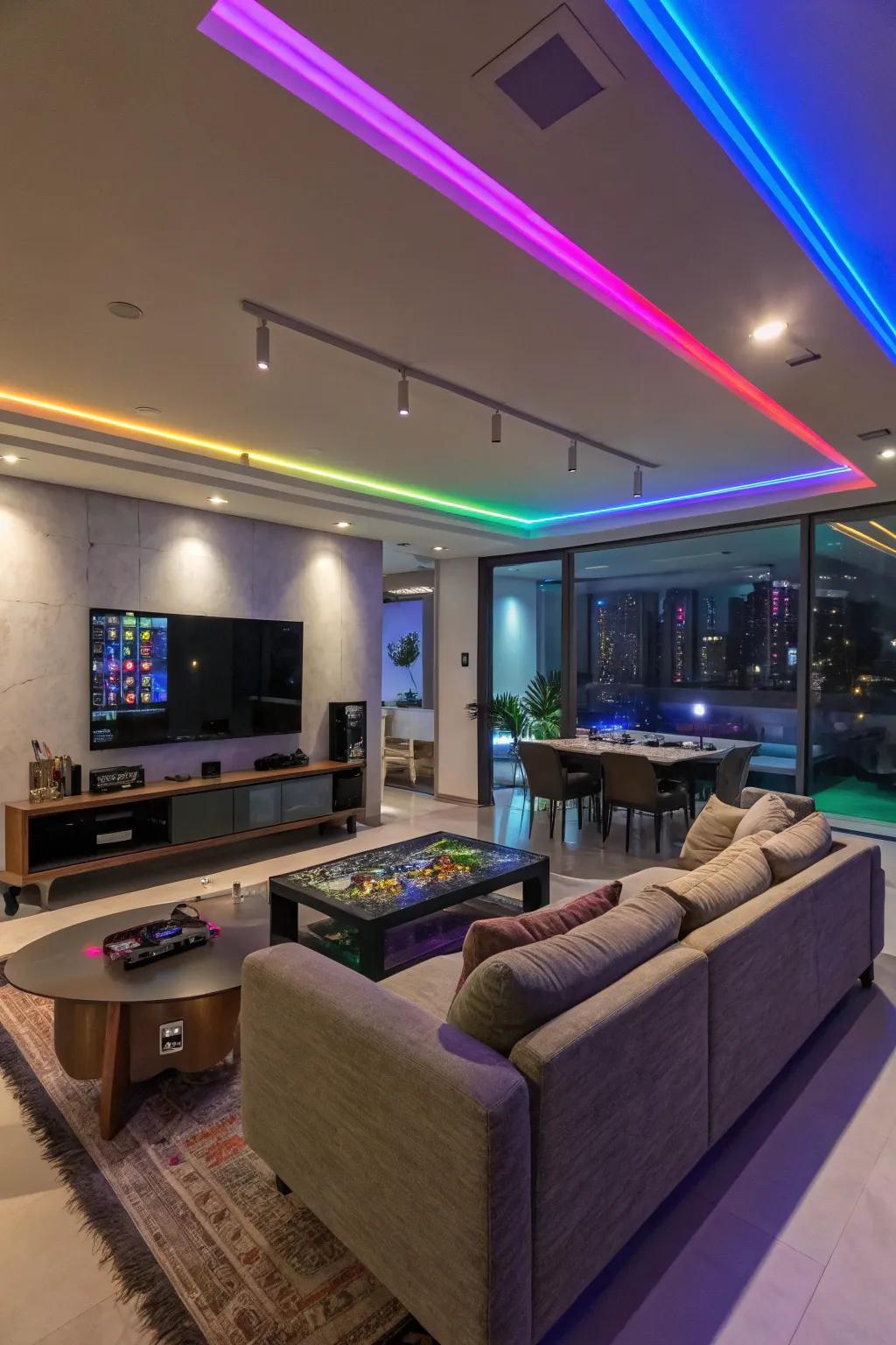 Diode strip lights append vibrant color, fabricating dynamic atmospheres.