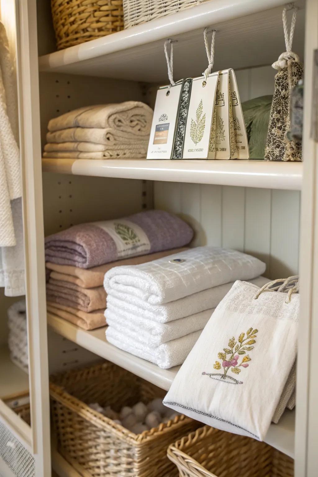 A scented pouch maintains a fresh and welcoming scent in linens.
