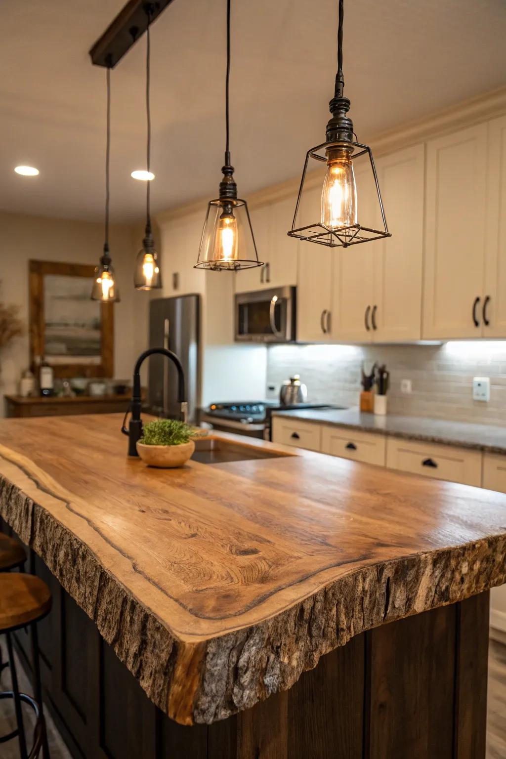 Suspended lighting establishing a striking focal point alongside a live edge countertop.