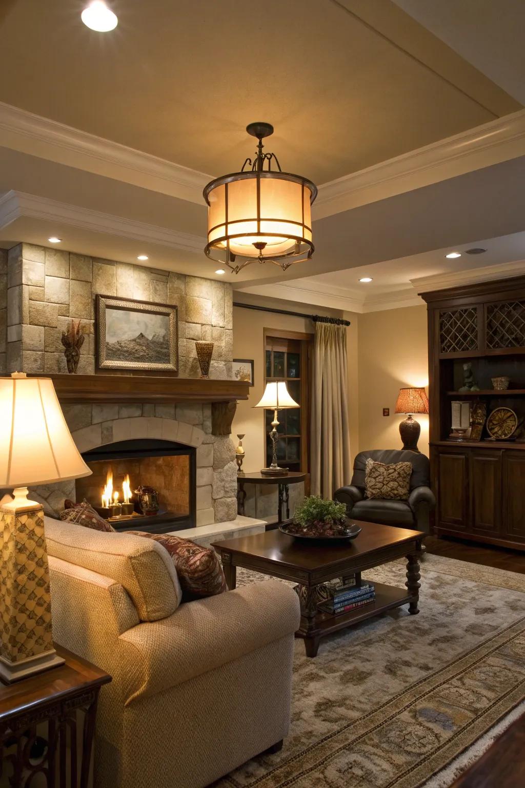 Strategic illumination heightens the ambiance that surrounds the hearth.