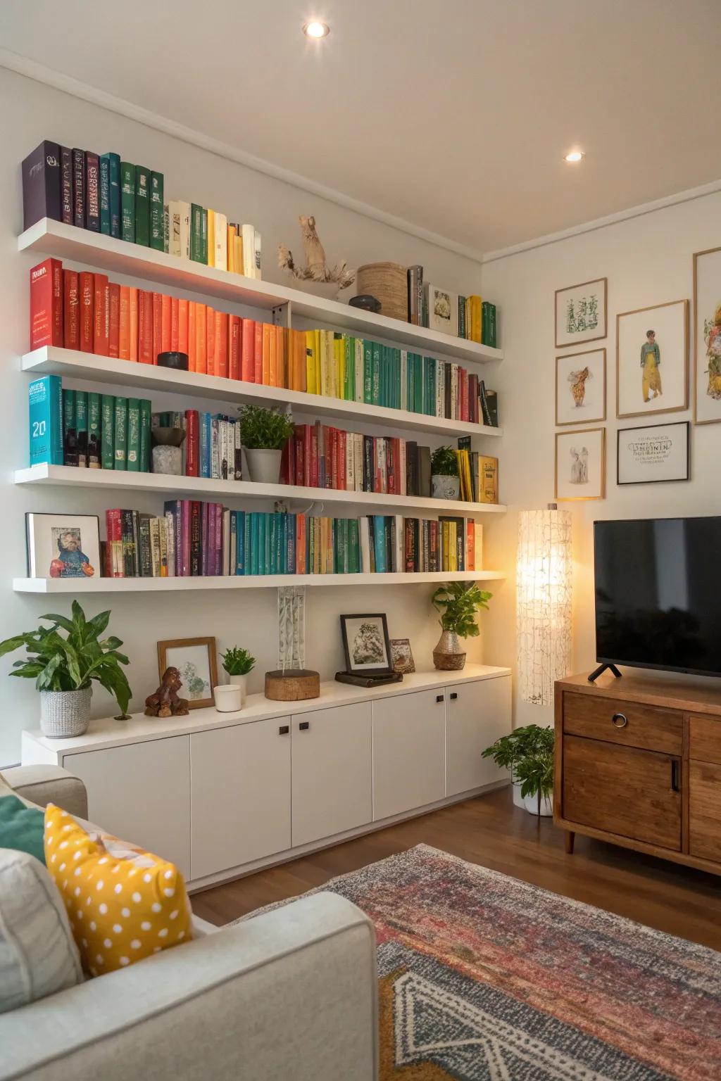 Shelves forging a striking accent wall.