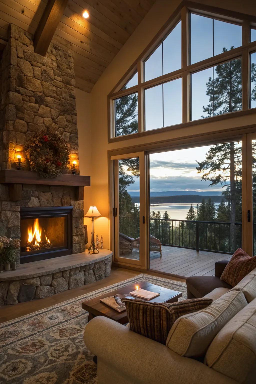 A seamlessly designed living room offering an expansive, unobstructed view of the landscape.
