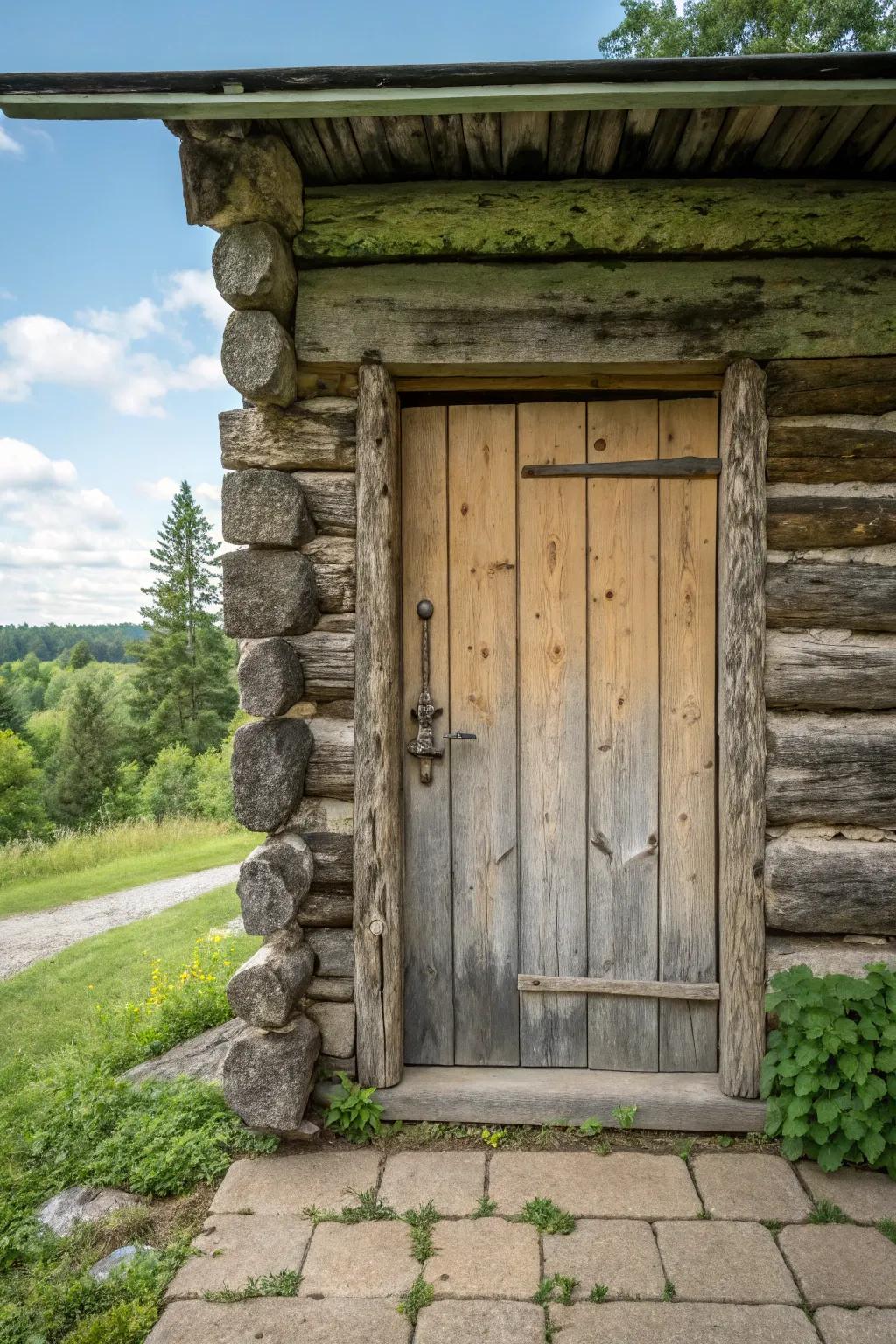 A weathered log cabin door with elegant, rustic appeal.