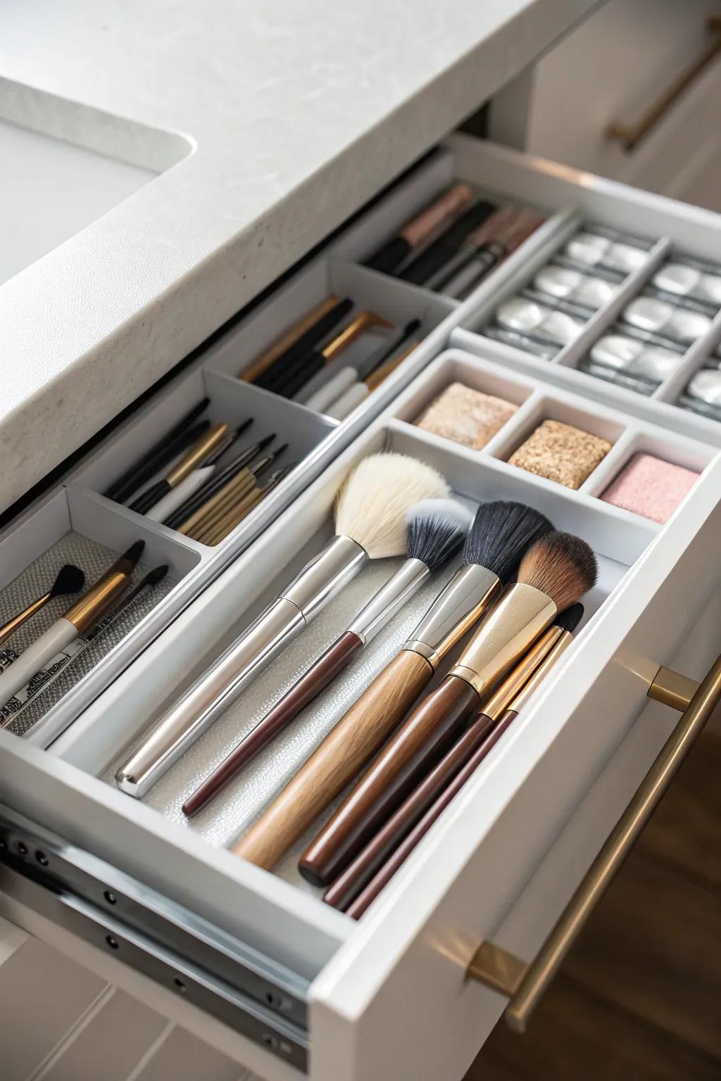 Cutlery sections offer an organized and hidden storage fix for brushes.