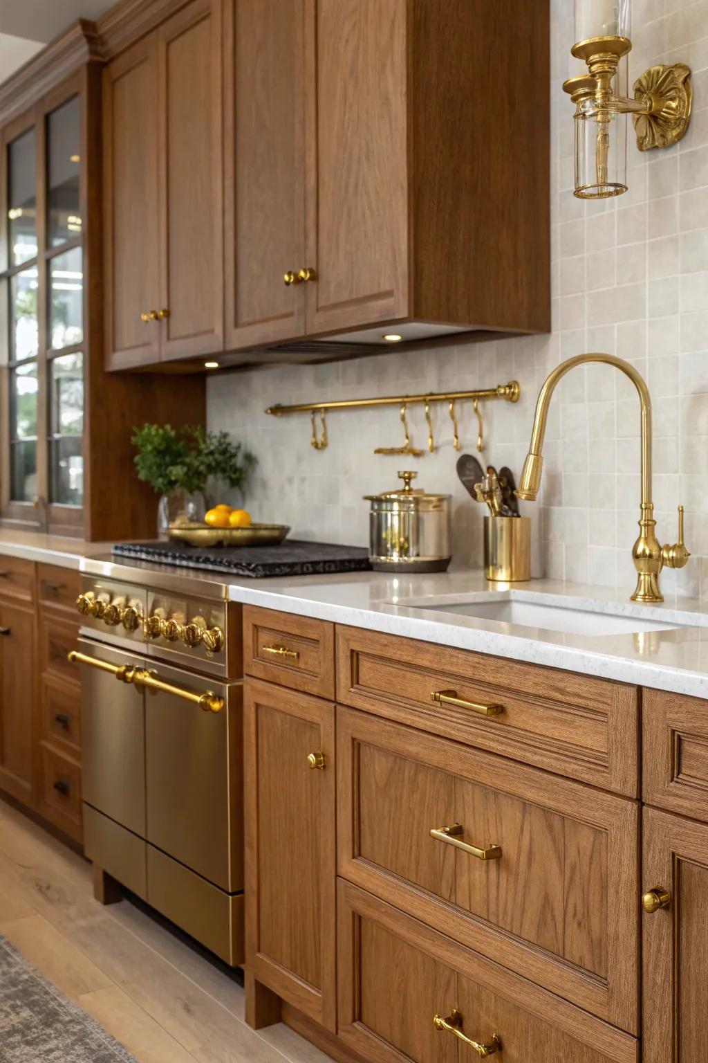 An elegant culinary space featuring lightwood units with glamorous metallic highlights.