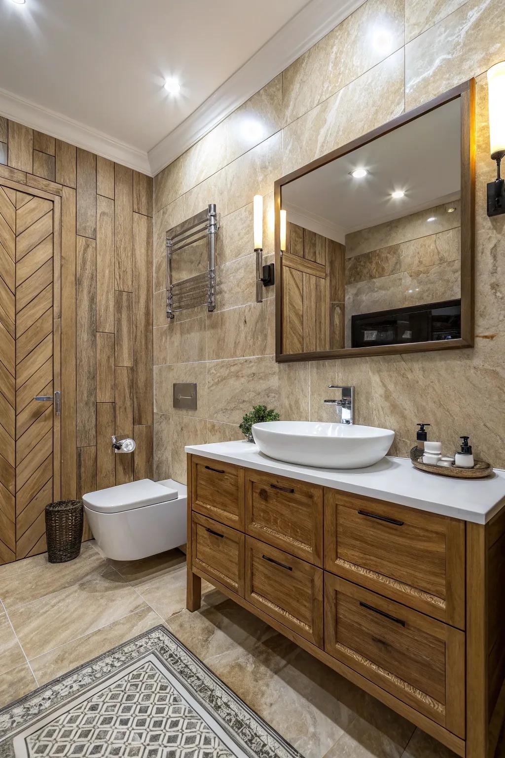 Timber-effect limestone-effect porcelain tiles add rustic charm and elegance.