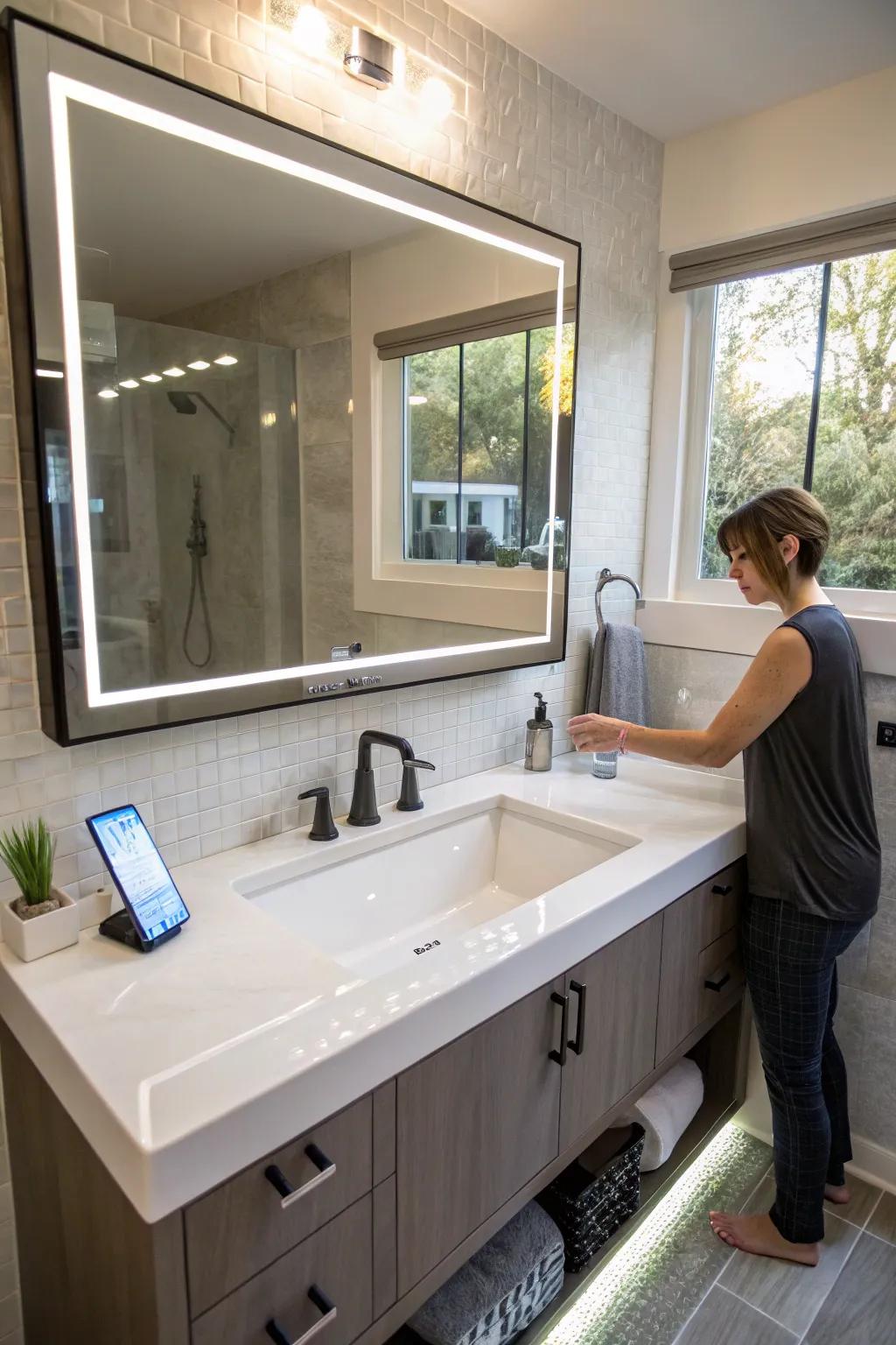 A restroom vanity design that incorporates smart technology to refine functionality.