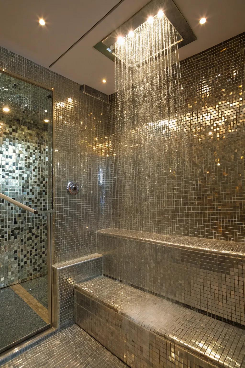 A shower stall exhibiting reflective metallic pavers for a shimmering, extravagant visage.