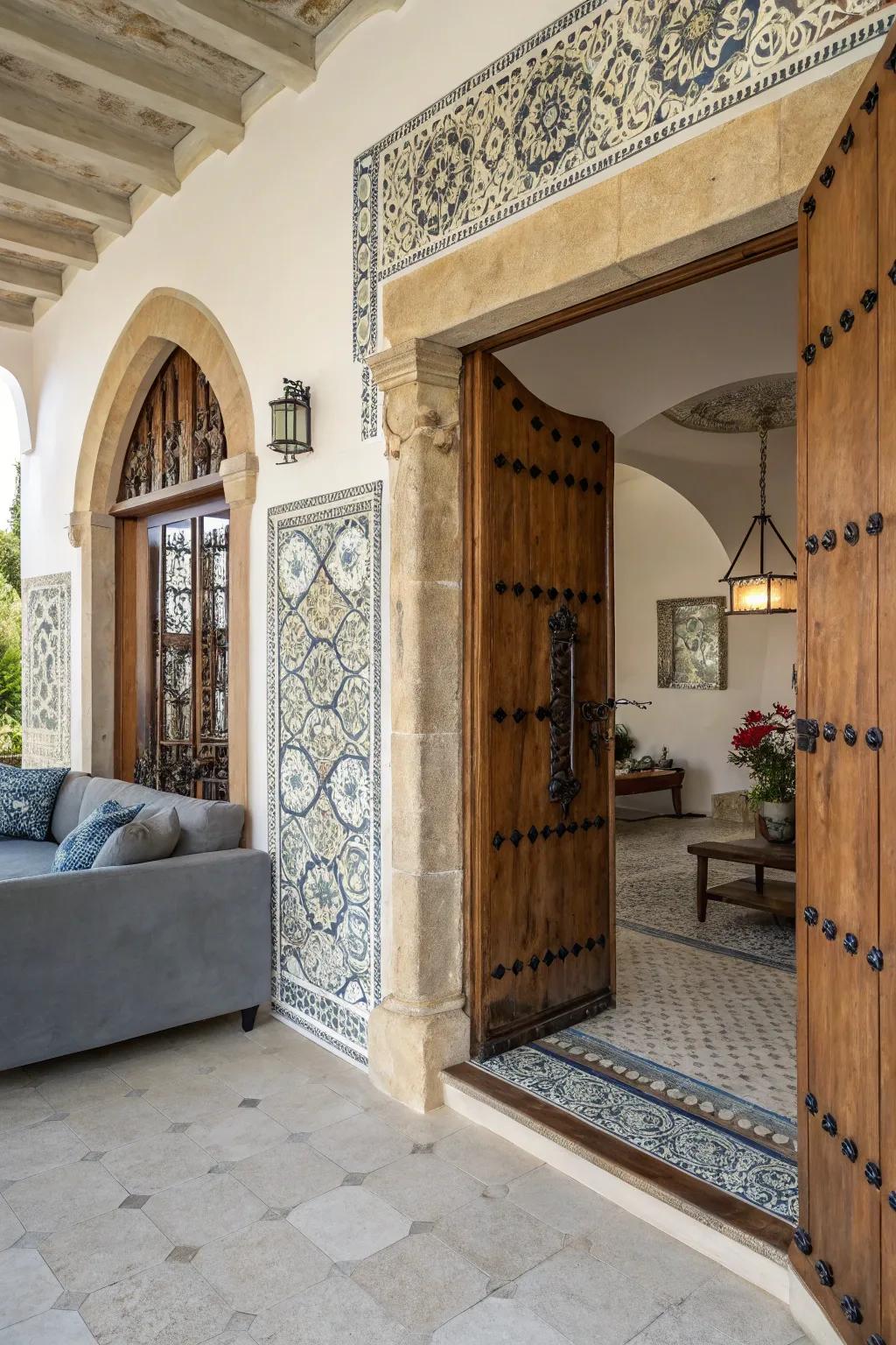 Modern and traditional components blend seamlessly in a Mediterranean entryway.