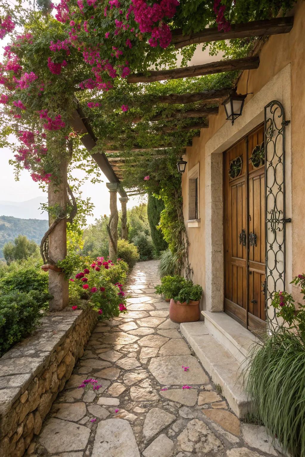Natural stone walkways enhancing the porch with rustic sophistication.