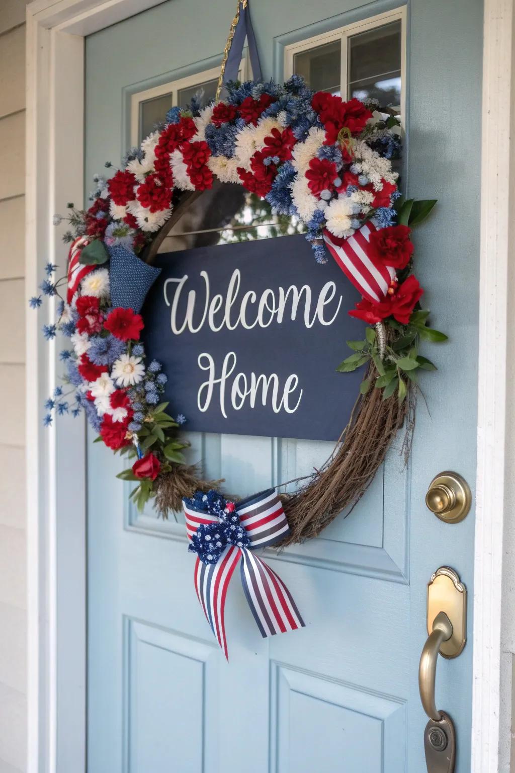 A personal salutation with a 'Welcome Home' inscription on a wreath.