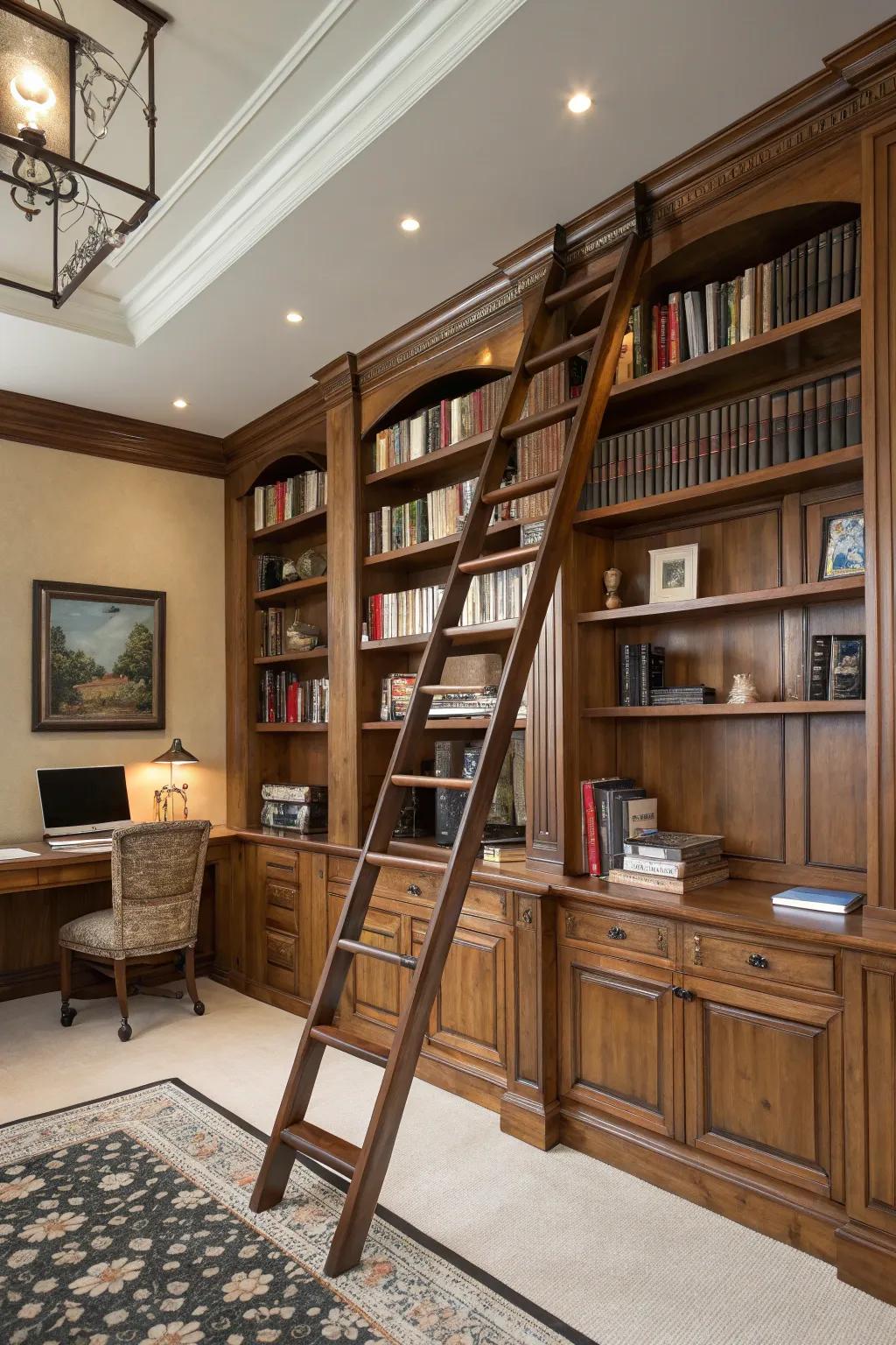 A library-style ladder imparts both utility and allure to this home office.