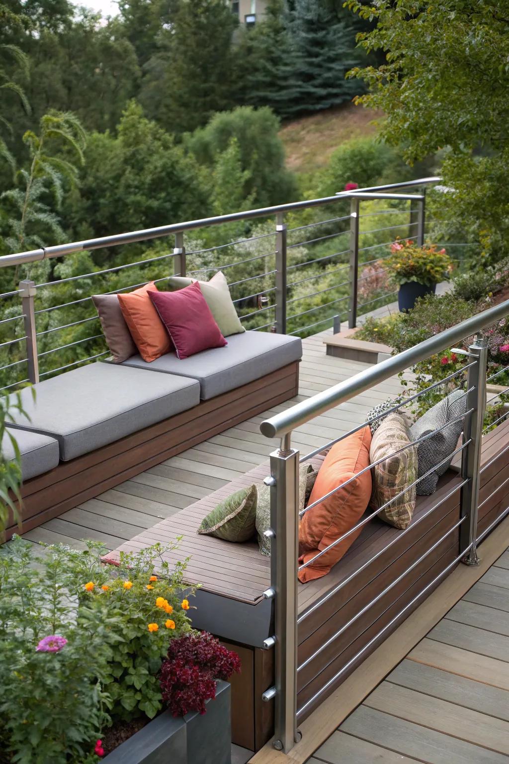 Integrated seating boosts comfort and utility in metal railings.