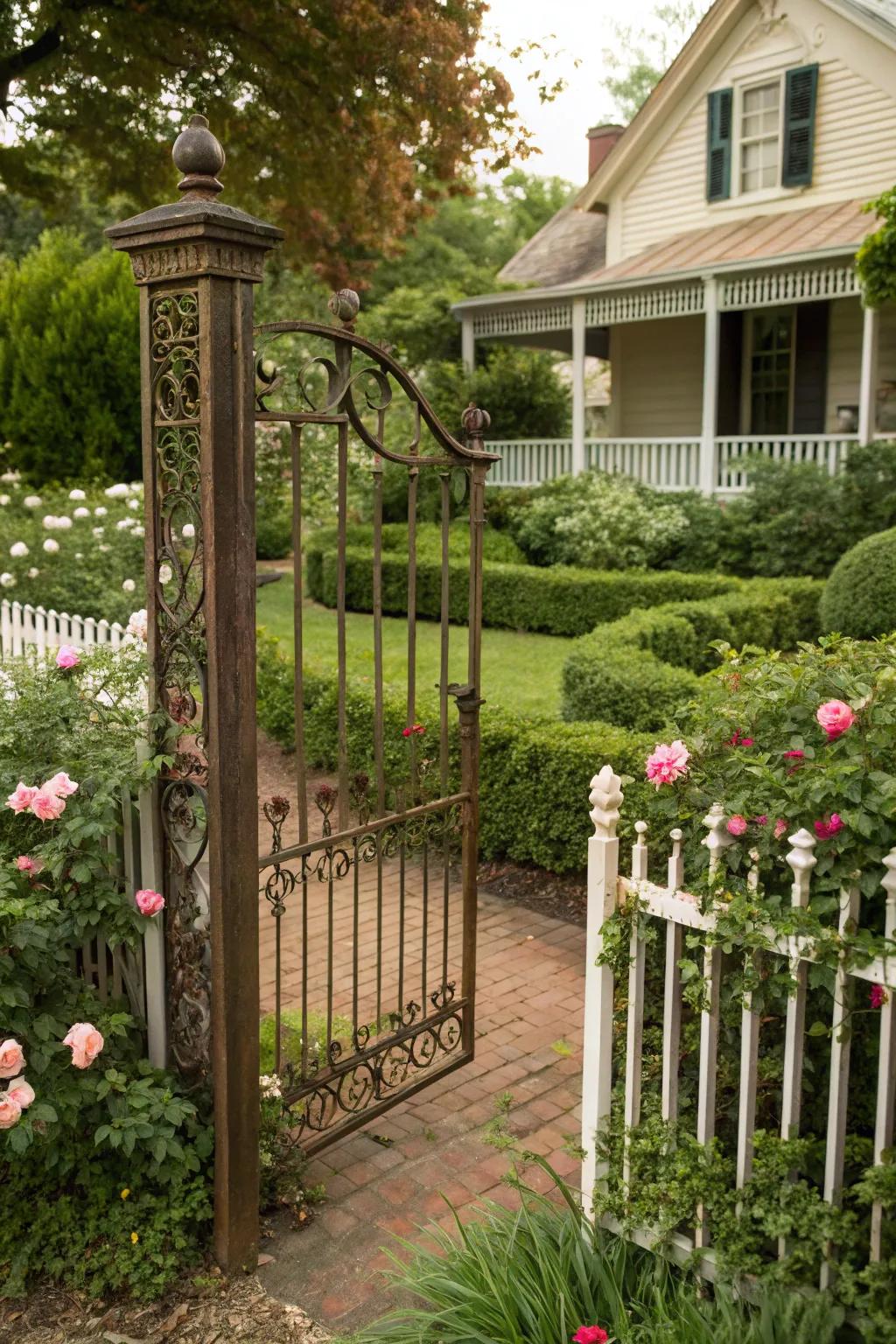 An antique-finished metal gate bestowing vintage allure upon your entrance.