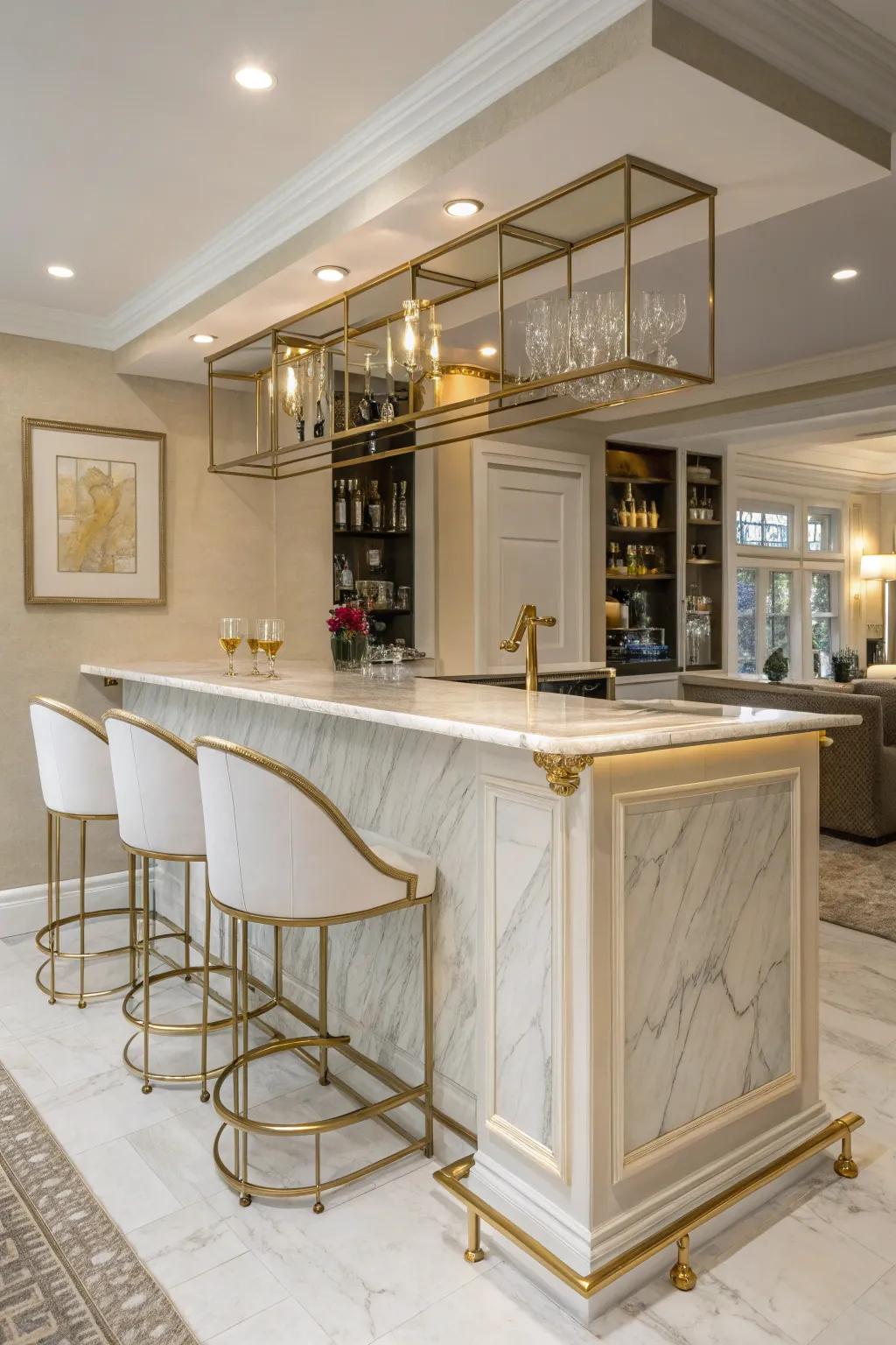 Sumptuous constituents, such as marble and gilding, elevate the elegance of a domestic bar.
