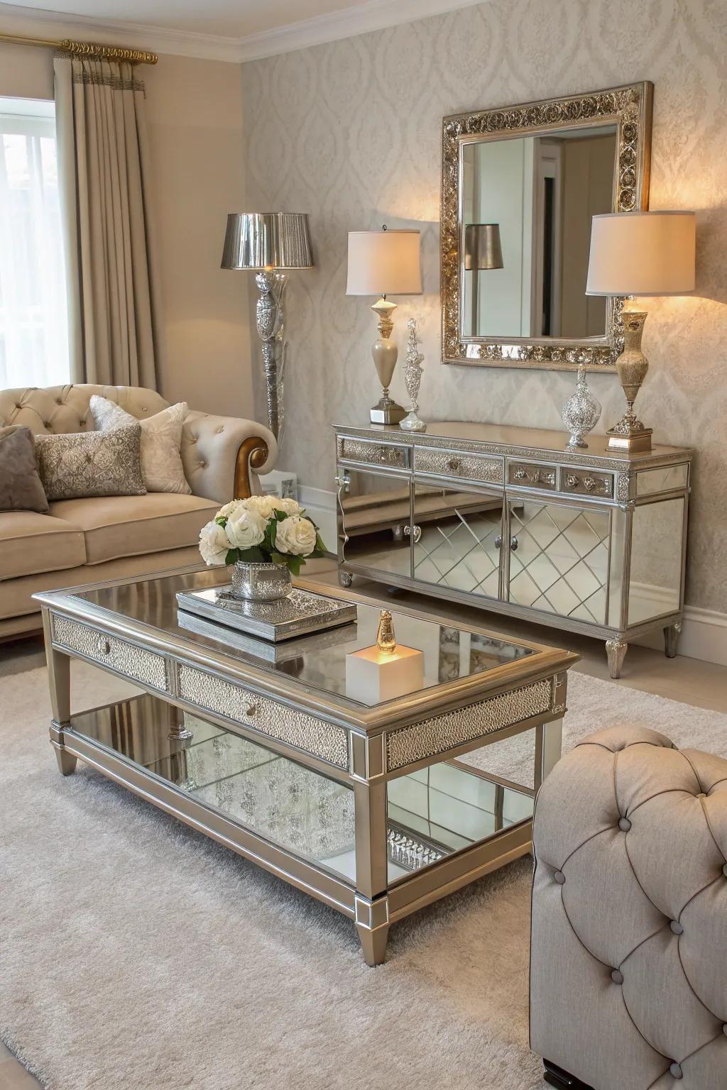 Mirrored furniture adds depth and a touch of glamour.