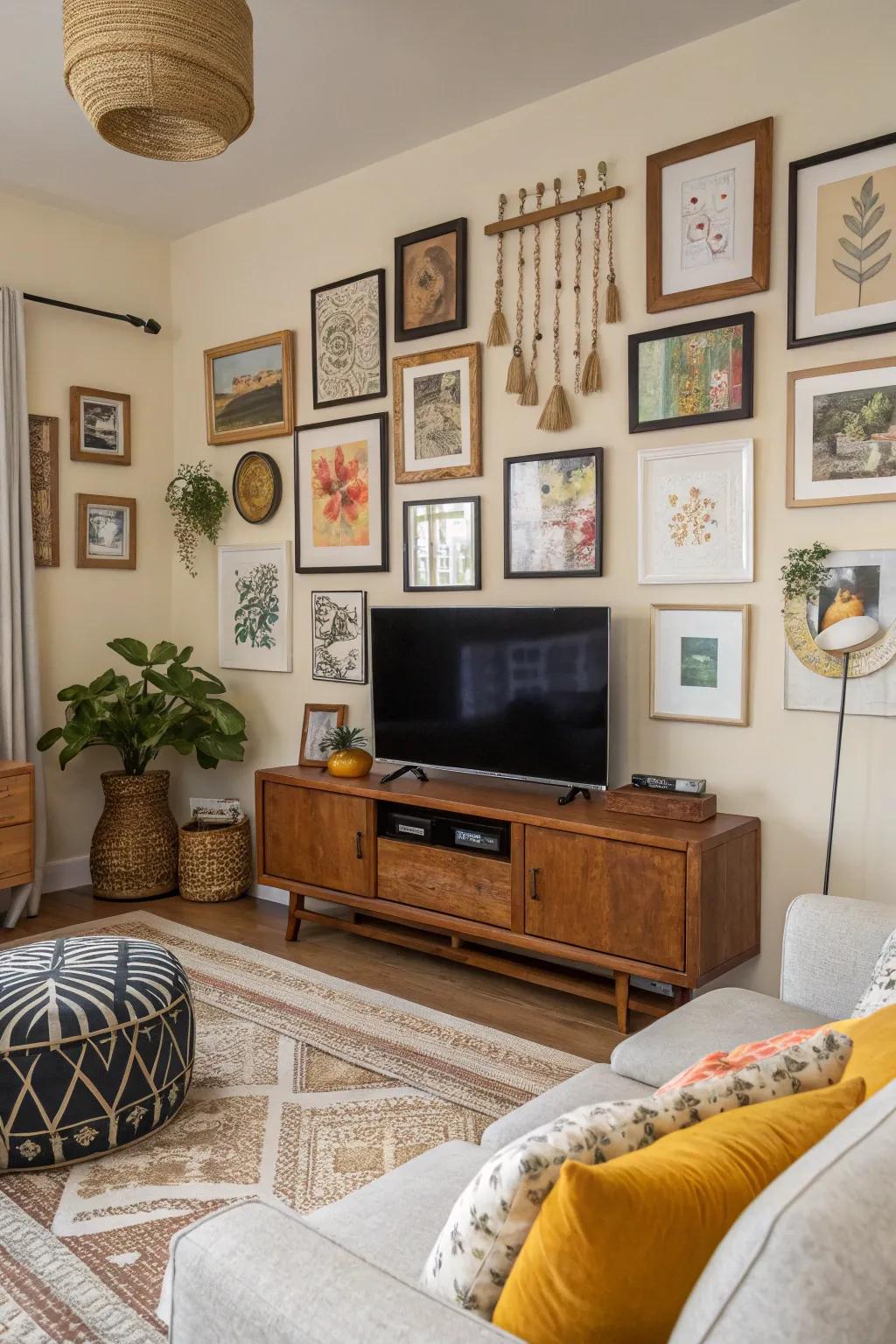A showcase wall converts the TV into a part of an art collection.