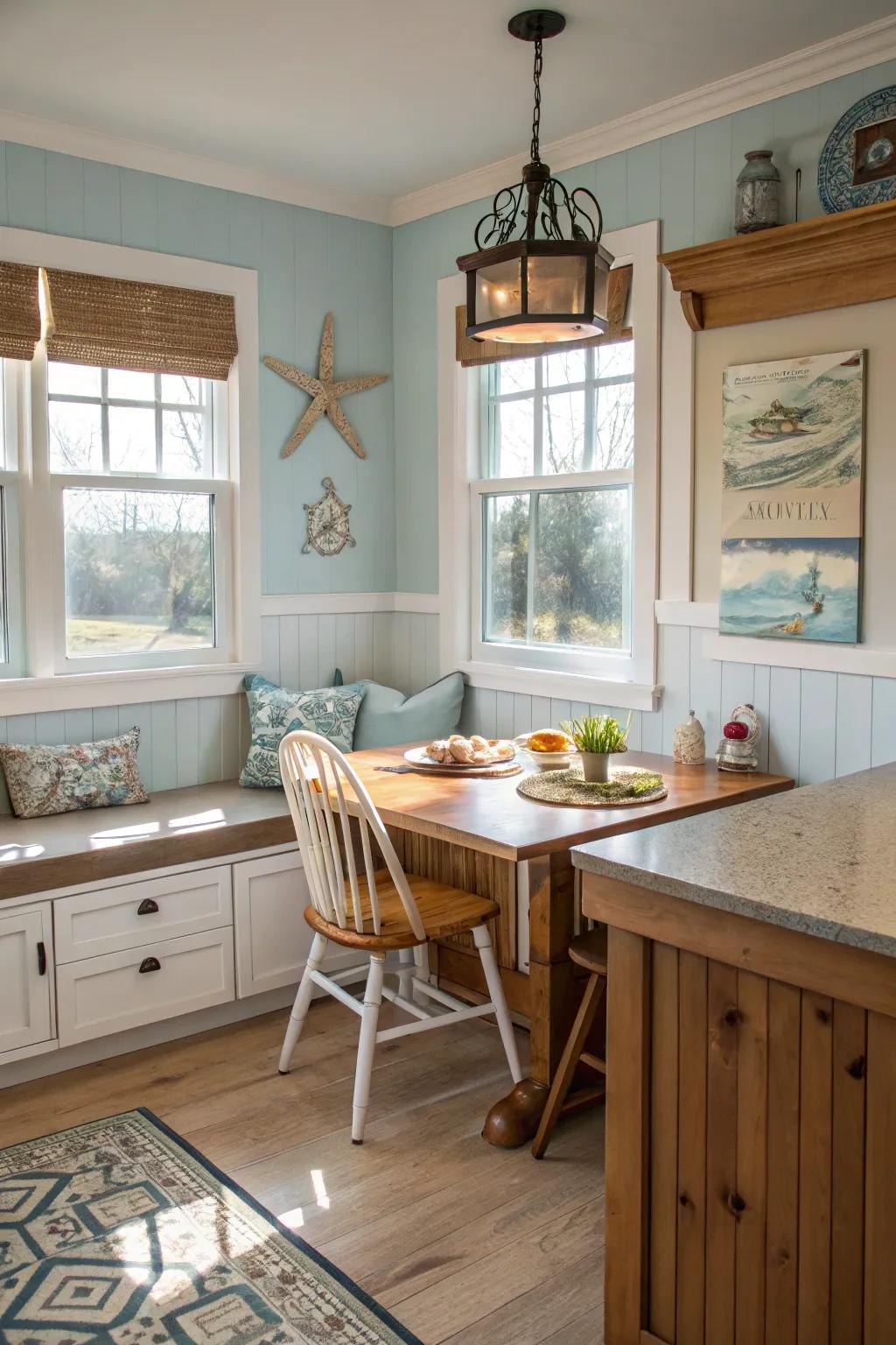 A morning nook adds coziness to this coastal kitchen.