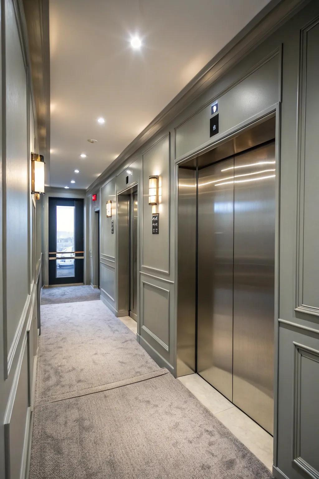 An elevator interior features calming soundscapes to create a relaxing experience.