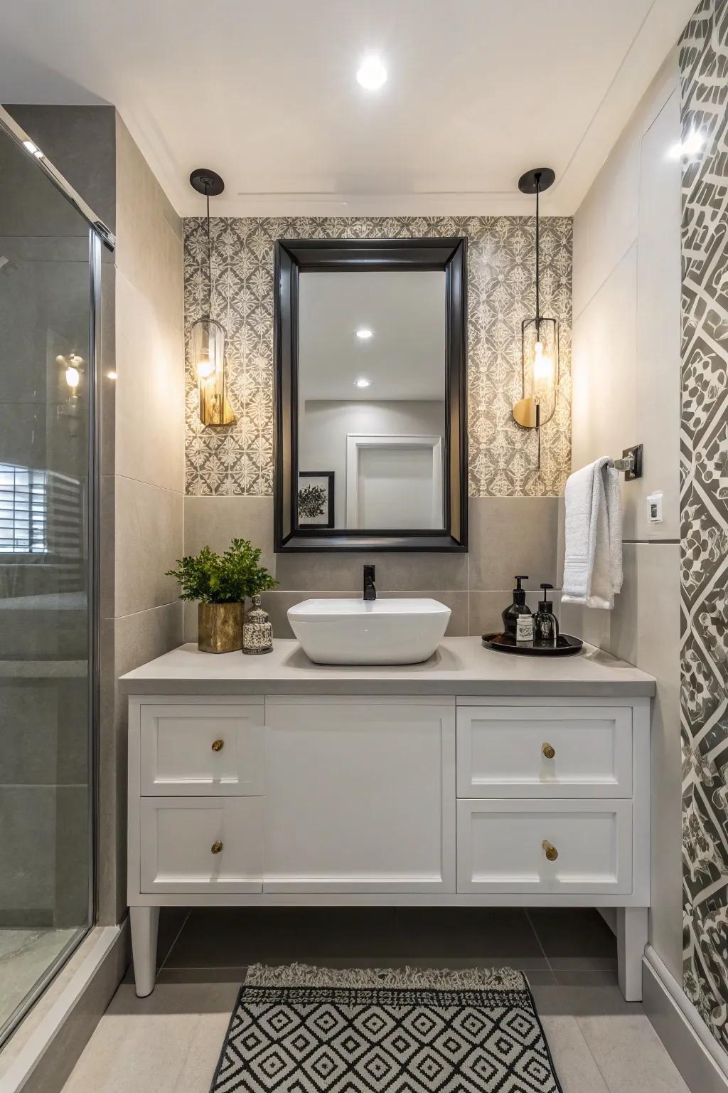 A separate vanity showcasing updated fixtures elevates a powder room.