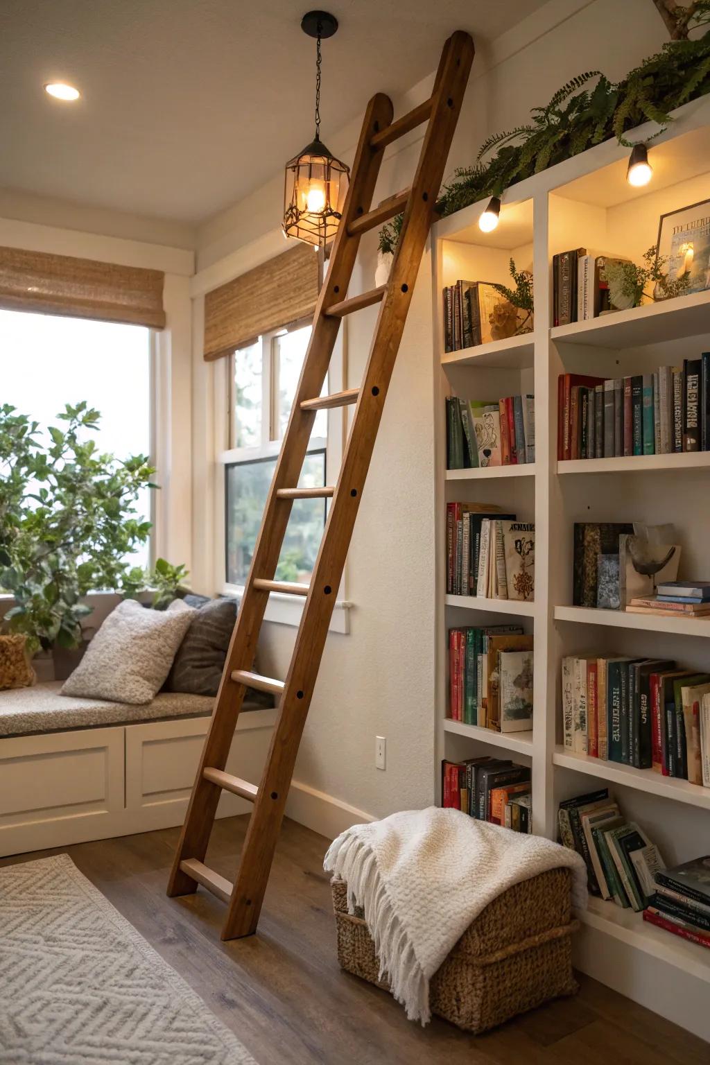 Timber ladder exhibiting cozy throws in a reading alcove.