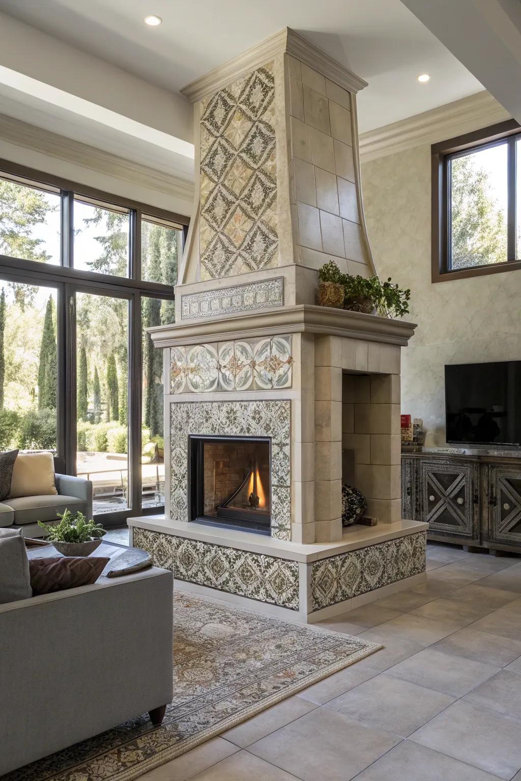 Adaptable clay stone fireplace conforming to any style.