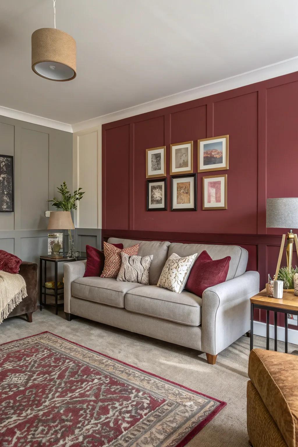 Living room featuring color-blocked walls in burgundy and grey.