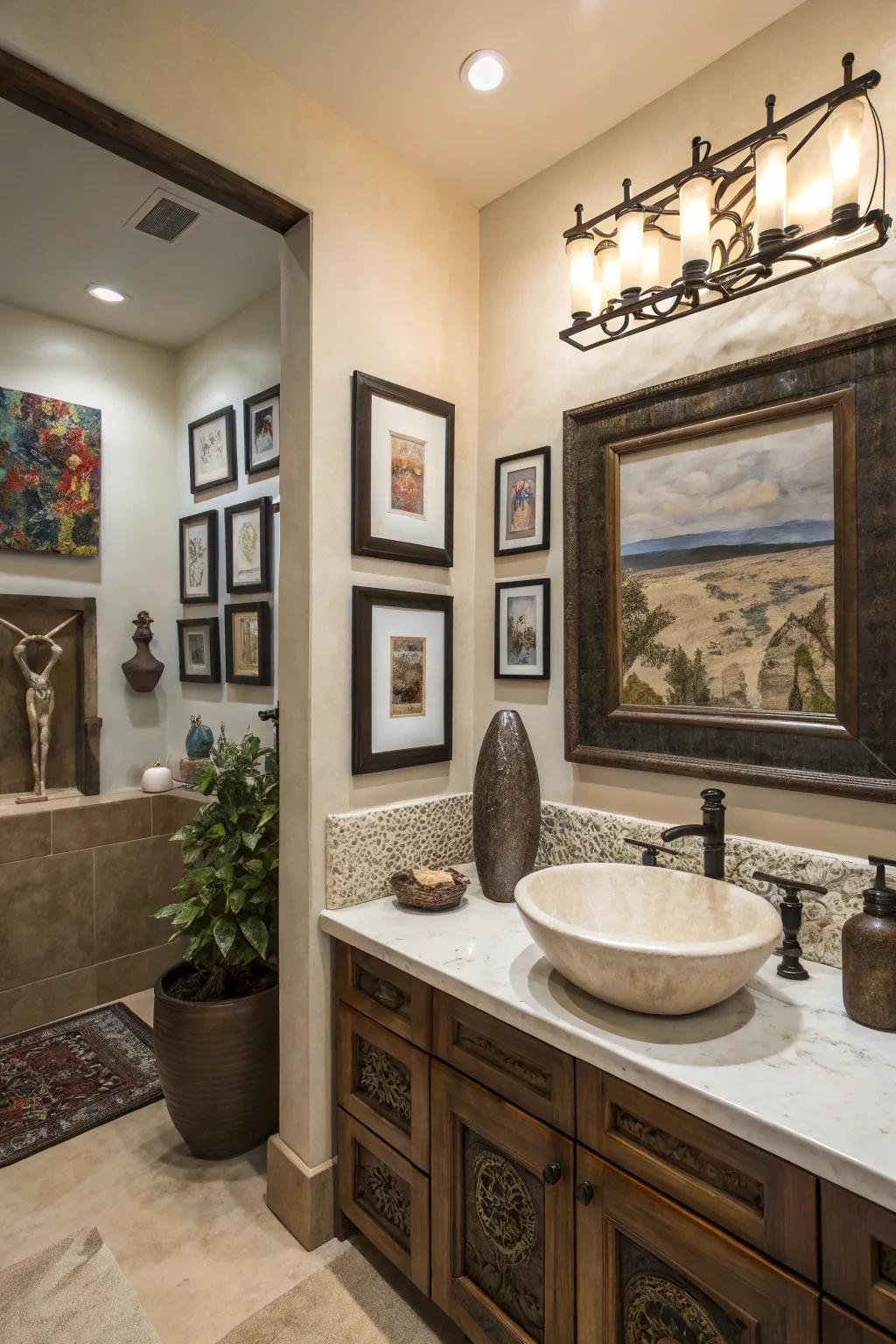 Artistic enhancements personalize and elevate the bathroom space.