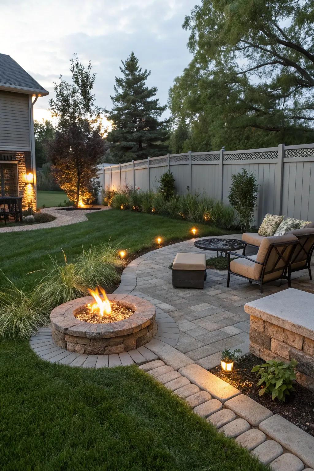 A fire feature crafts an inviting, cozy ambiance.