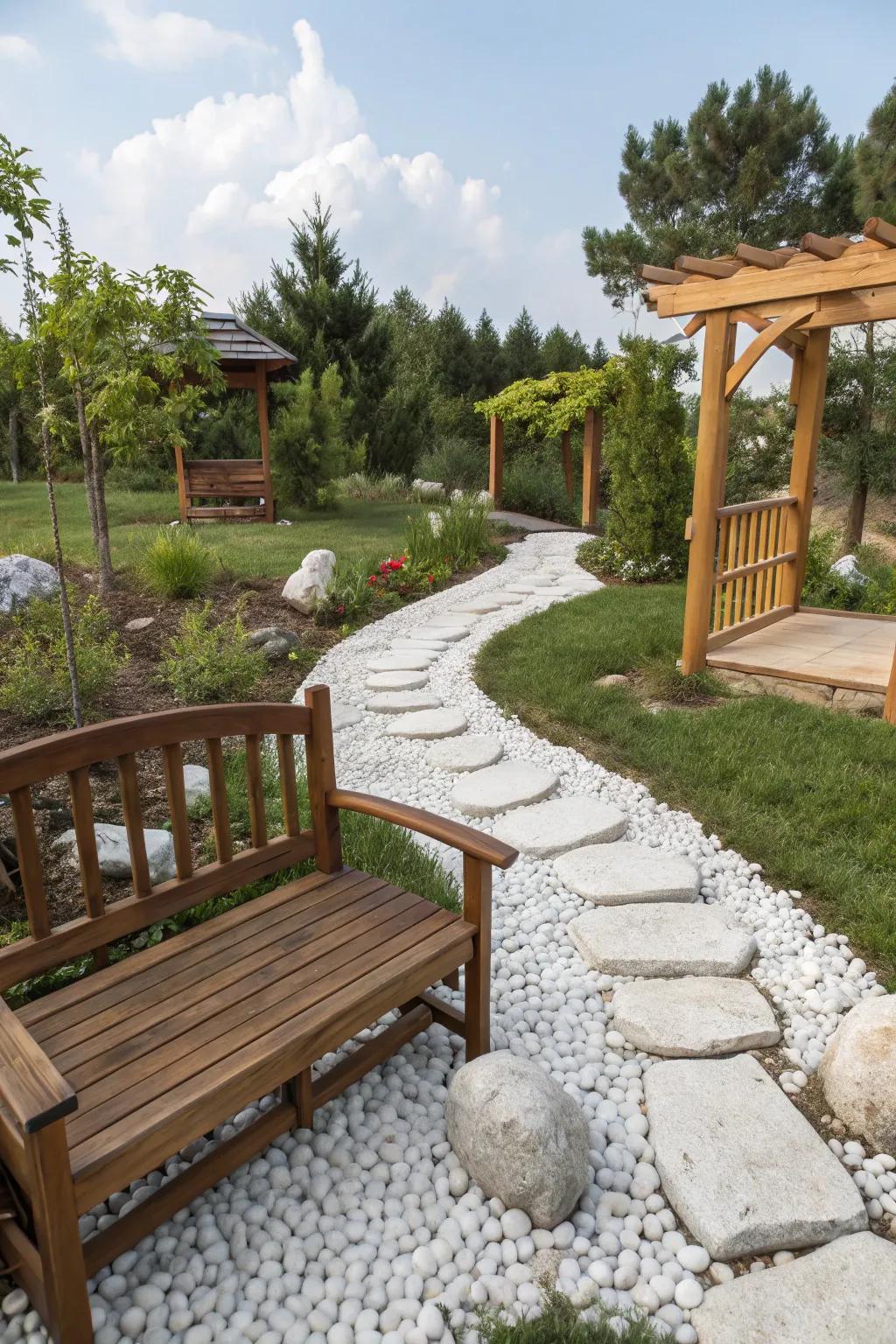 A garden combining timber elements with pale stones, fashioning a warm and textured landscape.