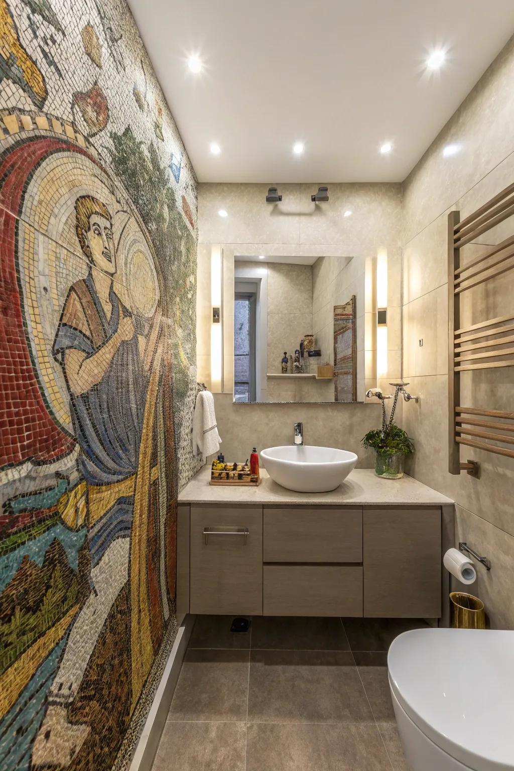 An artistic bathroom featuring a customized mosaic decorative wall.