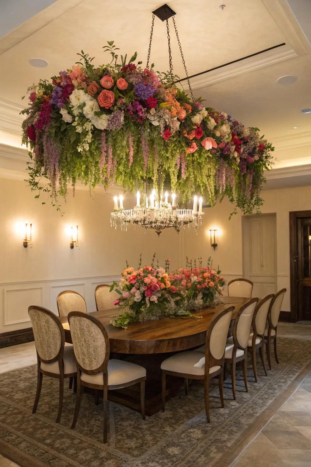 A floral chandelier conjures a fanciful, garden-inspired ambiance.
