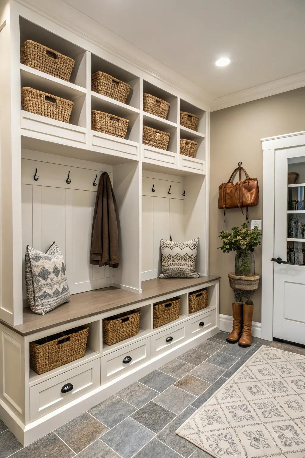 Symmetry and balance make a pleasing and welcoming mudroom.
