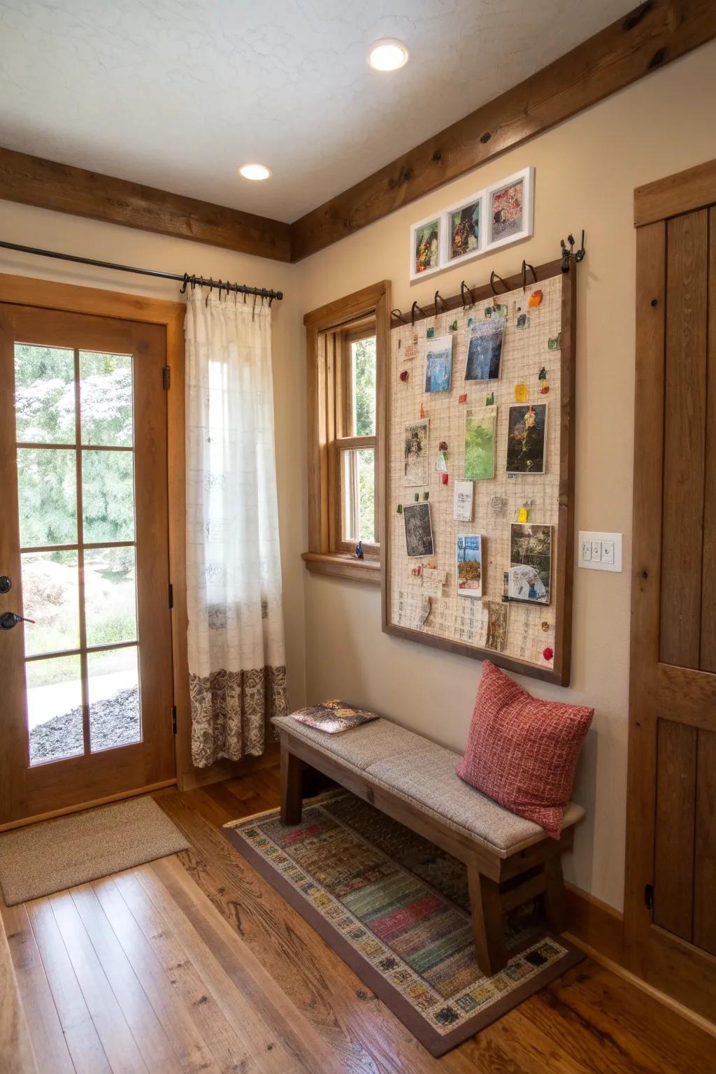 Mudroom featuring a message panel filled with family notes.