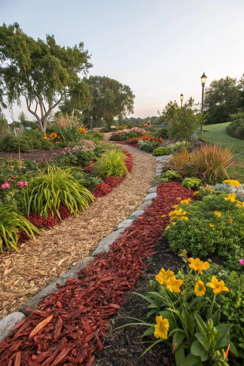 Kaleidoscopic timber chips lend playfulness to garden borders.
