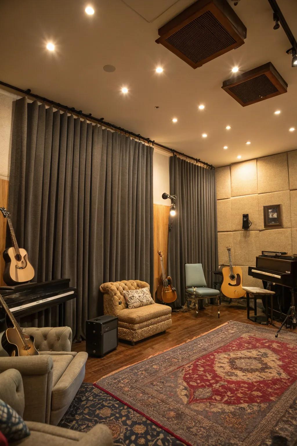 Soundproof curtains enhance sound control.