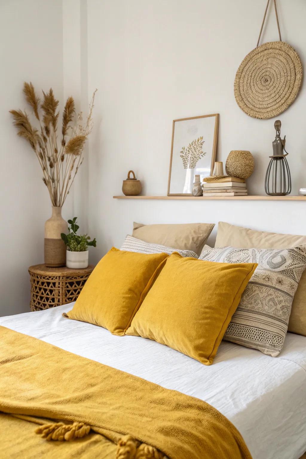 A minimalistic sleeping chamber showcasing amber cushions and decor.