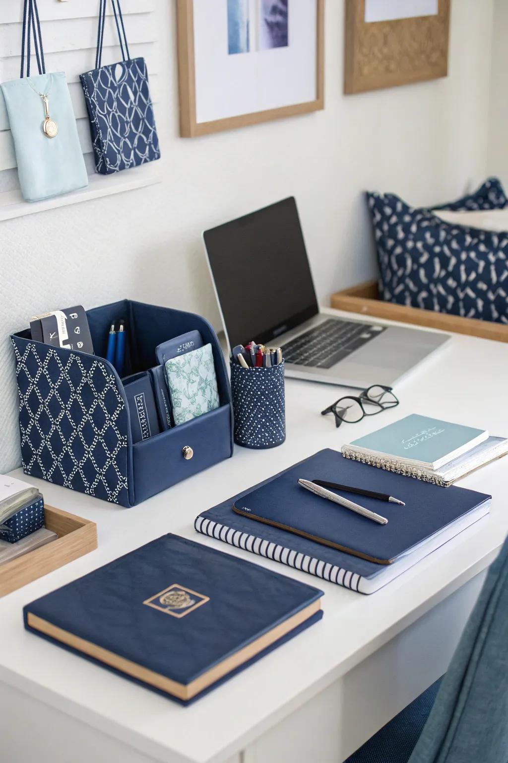 Navy desk accessories enhance both panache and organization.