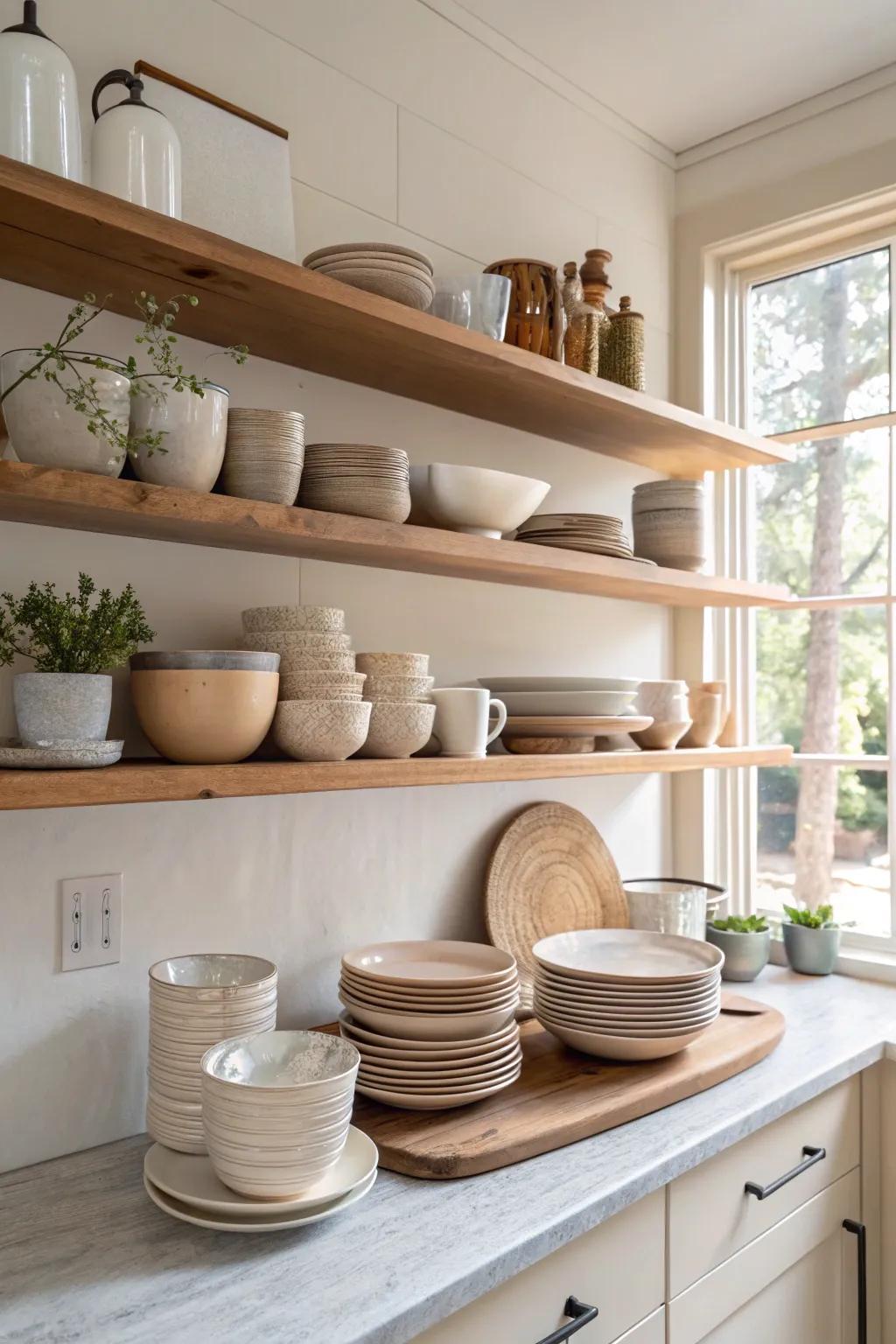 Exposed shelving infuses a personal and airy impact to the kitchen.