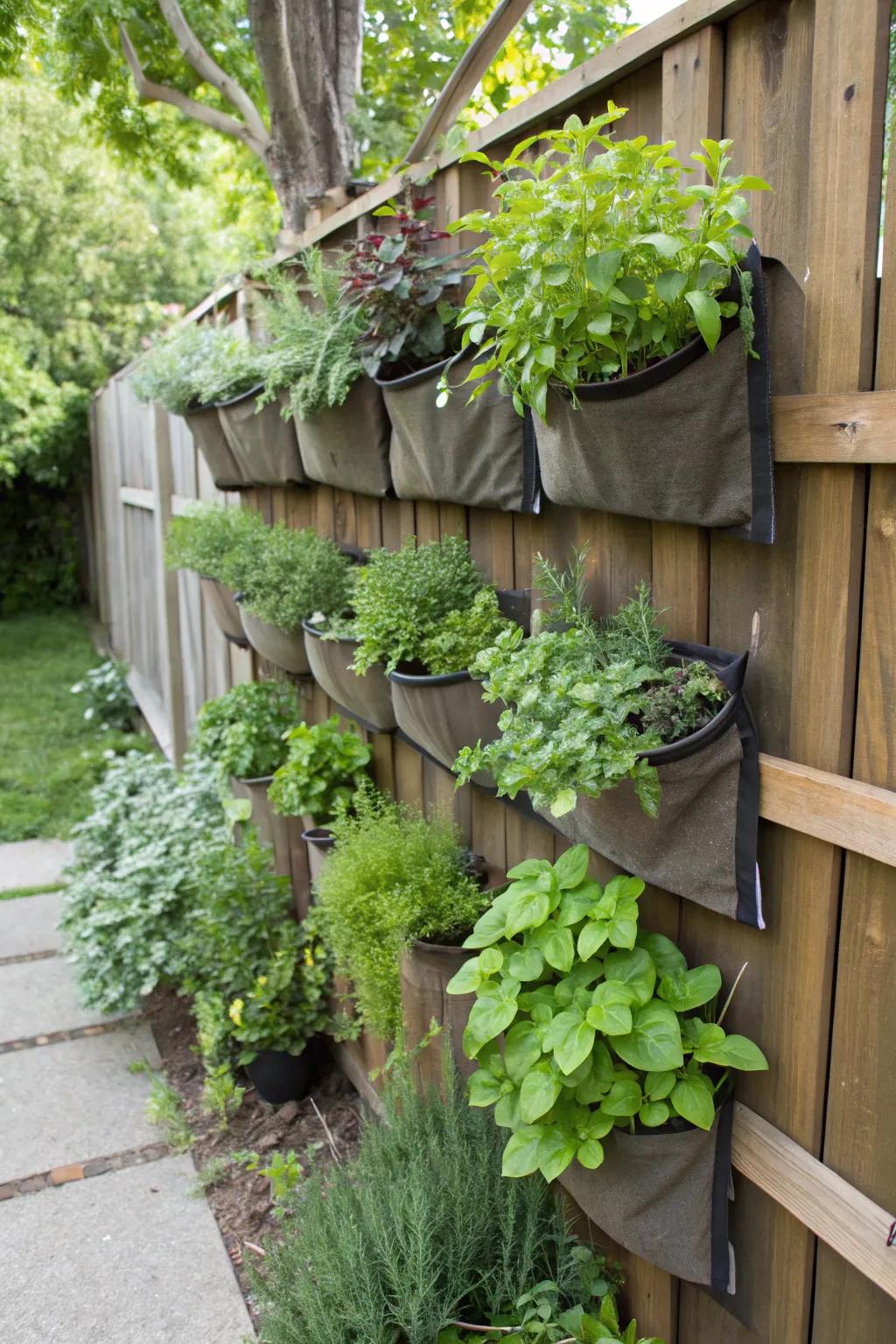 A space-saving wall garden with a lush array of herbs.