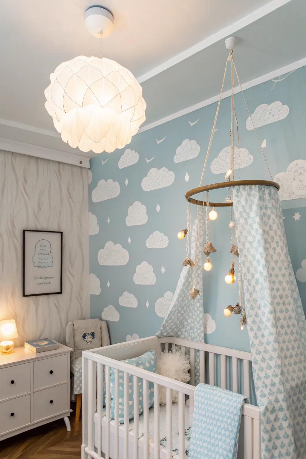 A dreamy sky-themed nursery that provides a calming and serene environment.