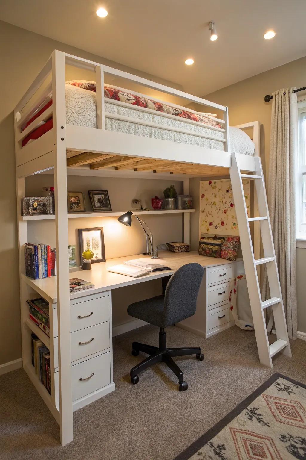 Consolidate sleeping and working zones through a space-optimizing loft bed.