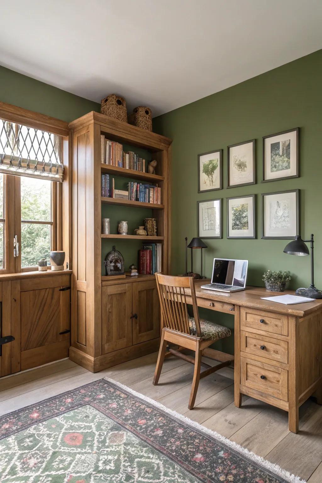 Olive tones engender a composed and concentrated office expanse.