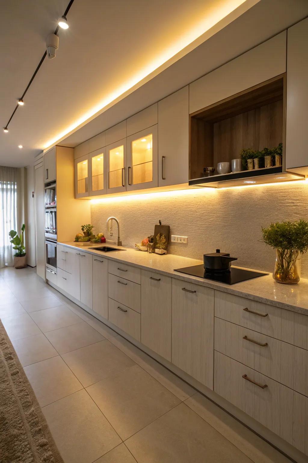 Illumination below the cabinets imparts warmth to a kitchen.