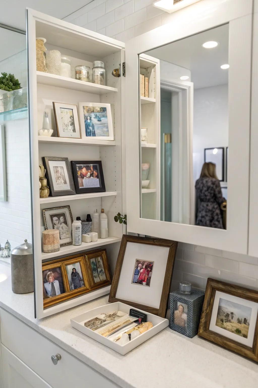 Unique accents transform open shelves into a personalized space.