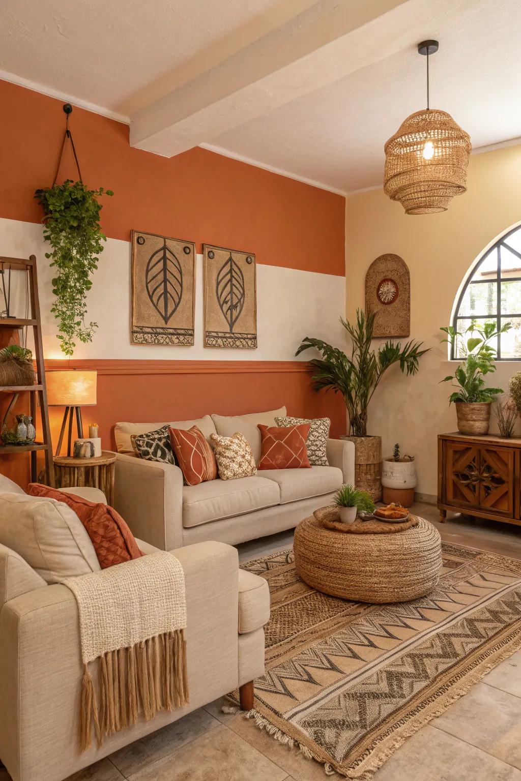 A family room that feels anchored and welcoming with its orange and sandstone palette.
