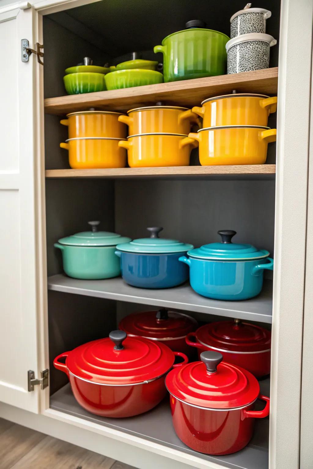 Color-coded cookware makes both organization and retrieval simple.