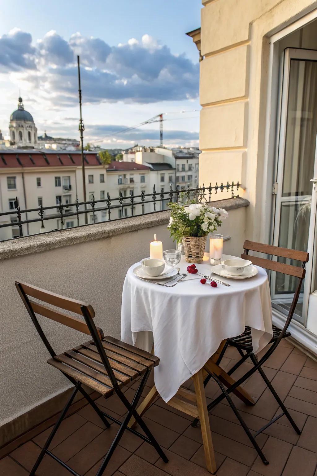 An inviting bistro arrangement on a modest balcony.