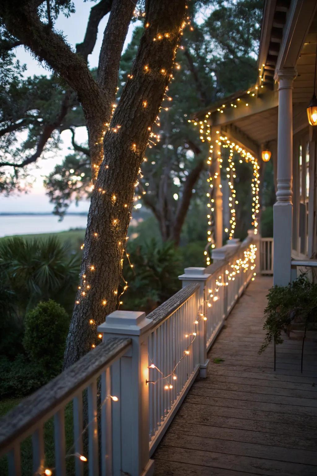 Fairy lights create a magical atmosphere around the porch.